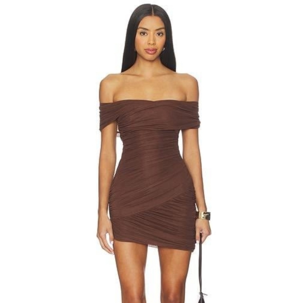 NWT Lovers + Friends x Revolve Brown Ariela Mini Off Shoulder Ruched Dress